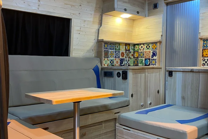 Grey seats and table